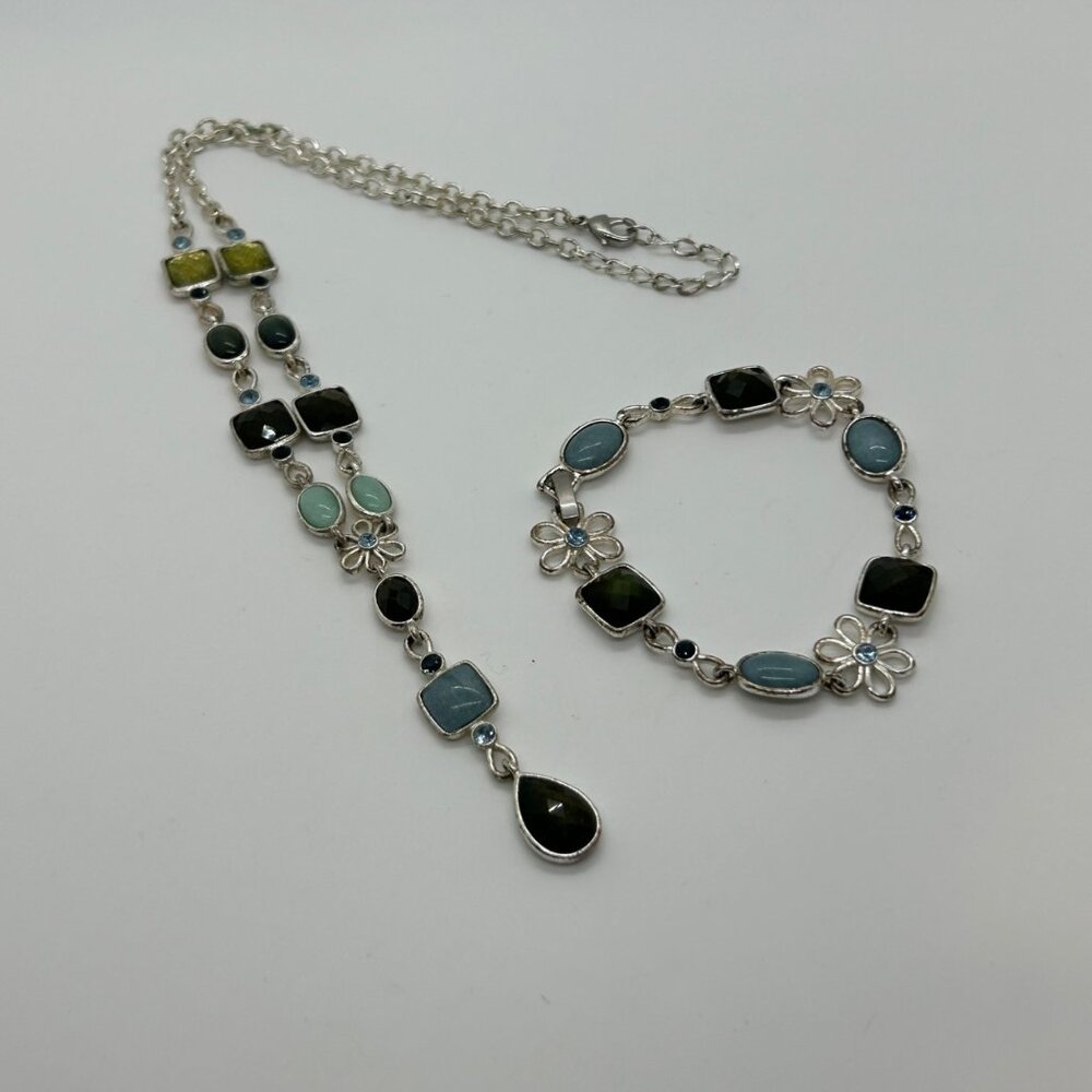 Multi Color Link Chocker Necklace & Bracelet Set Silver Setting With Multi Color - Picture 2 of 16
